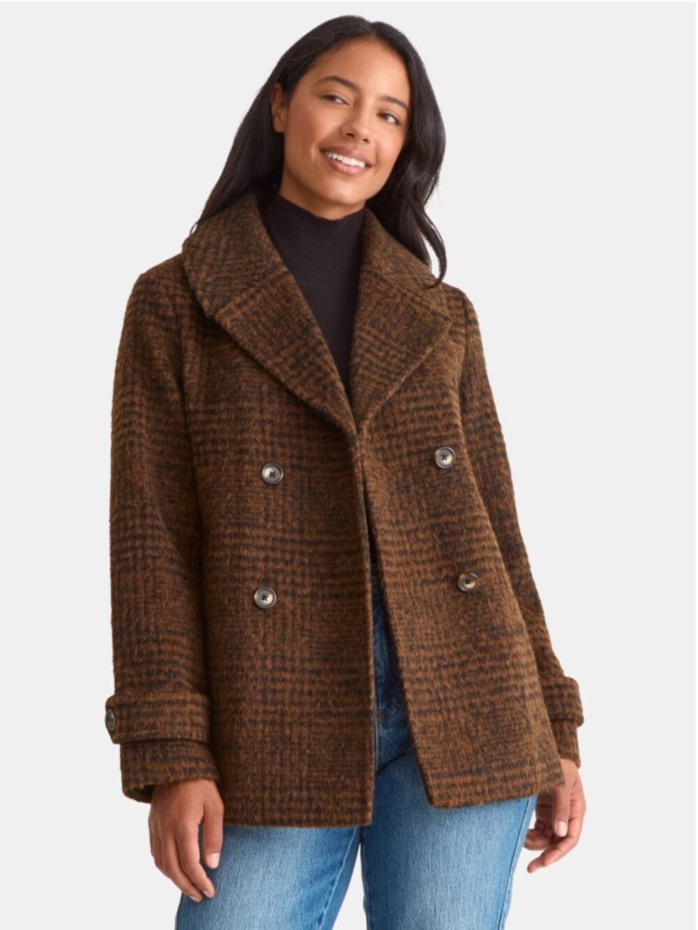 Classic Timeless Preppy Brown & Black Houndstooth Faux Wool Peacoat - M
